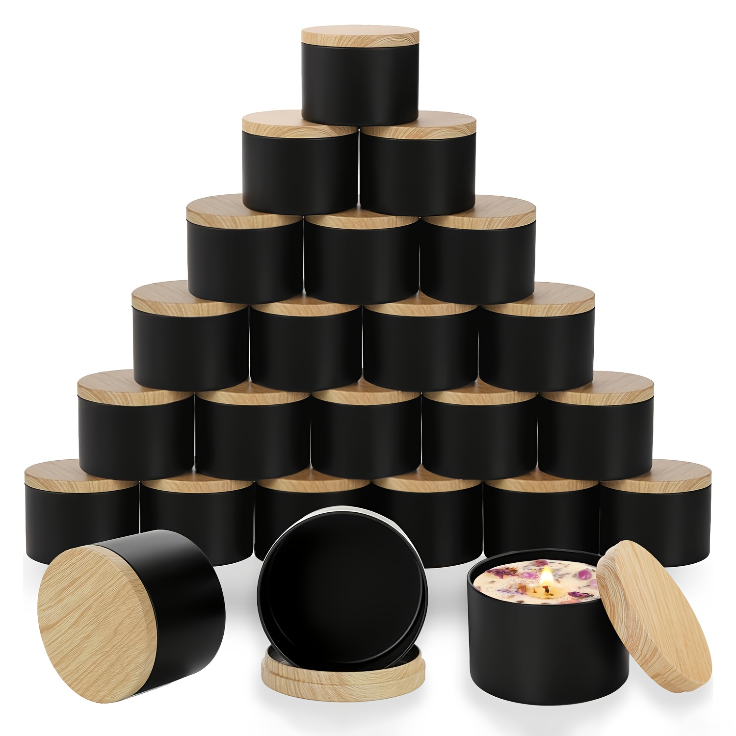 Candle Making Supplies Jars - Stoples lilin hitam dengan tutup kayu.